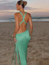 Women’s Green Knit Maxi Dress with High Slit Backless V-Neck for Summer Beach Party and Going Out